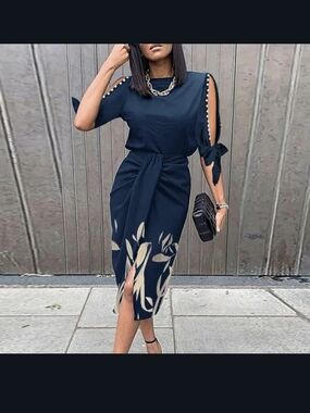 Elegant Royal Blue Midi Dress, Open Slit Sleeves, Gold Accents - XL